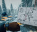 In the snowy Alaskan wilderness, the player checks his wristwatch while holding up a hand-drawn map. A spherical drone with a digital face floats in the background.