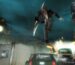 Alex Mercer leaping over a bunch of cars while pursued by helicopters in Prototype.