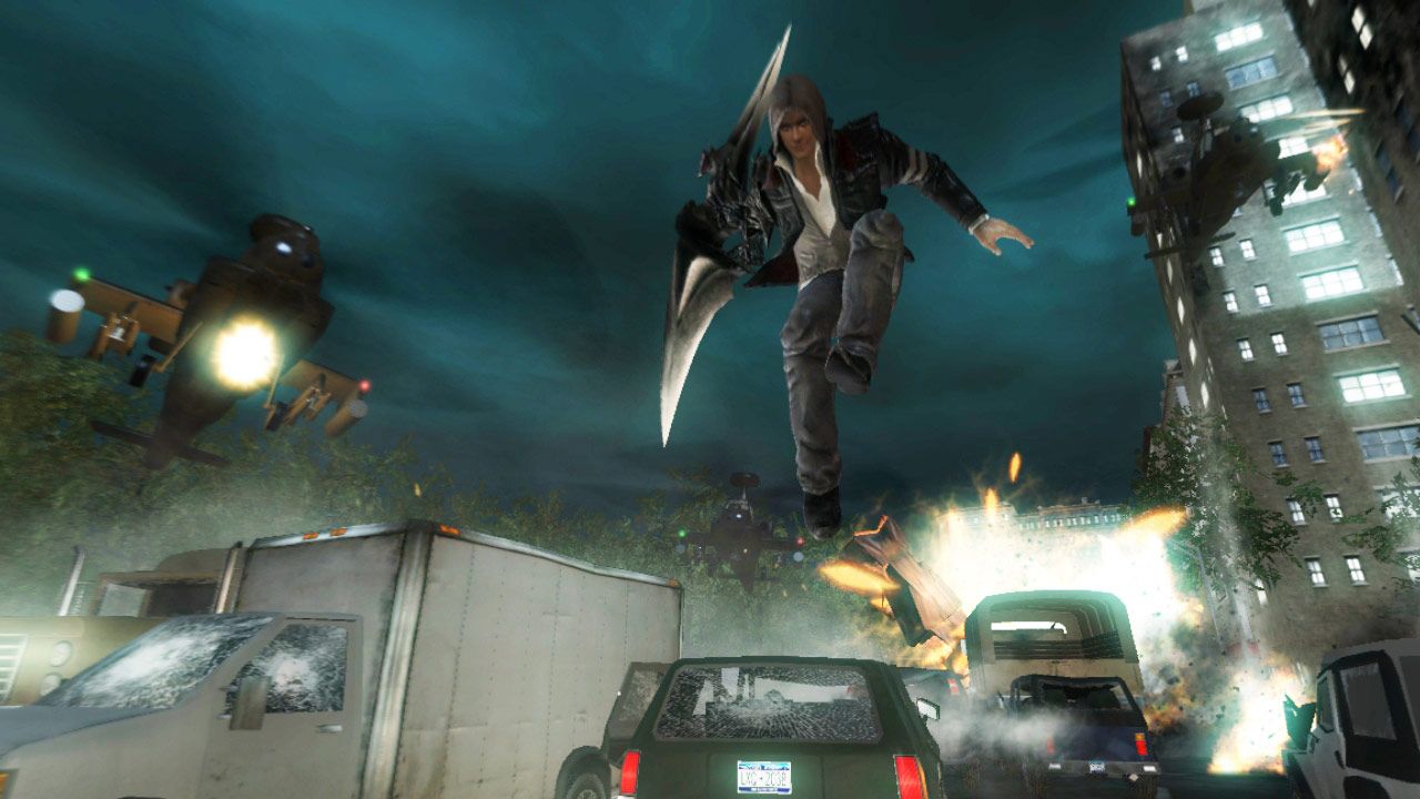 Alex Mercer leaping over a bunch of cars while pursued by helicopters in Prototype.