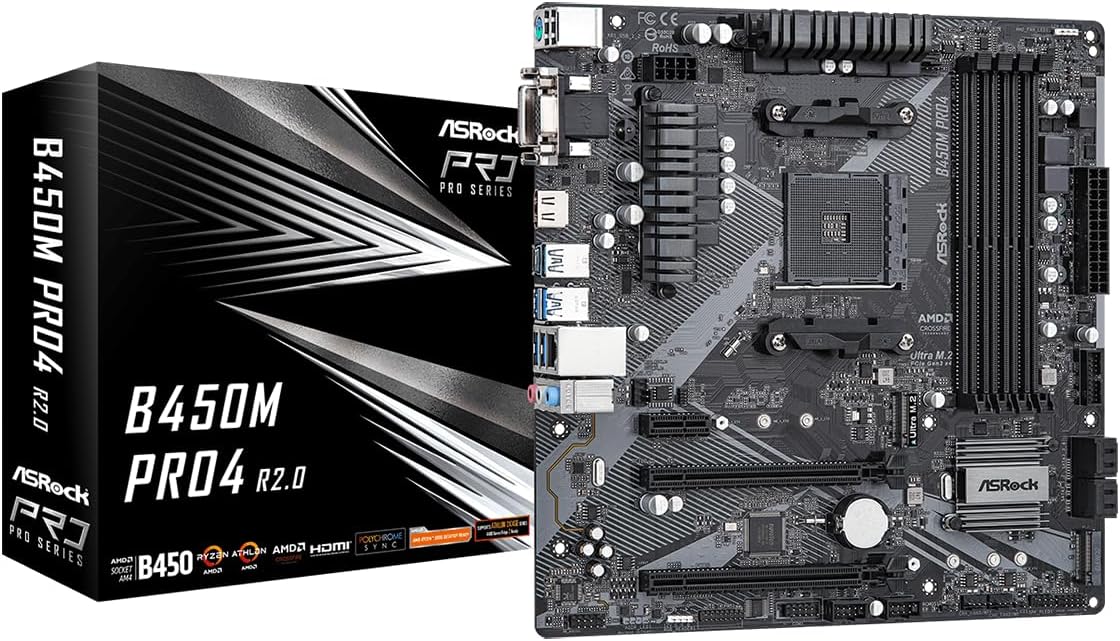 ASROCK B450M PRO4 R2.0 Socket AM4/ AMD B450/ DDR4/ SATA3&USB3.2/ M.2/ Micro ATX Motherboard