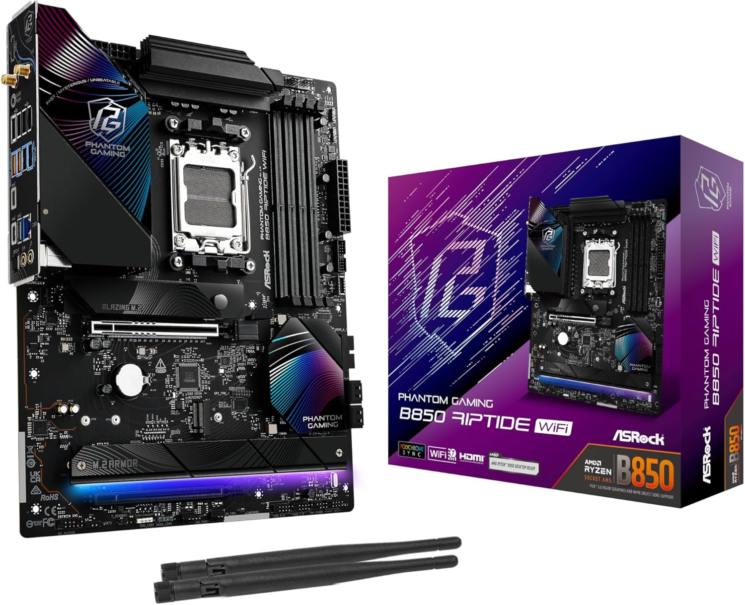 ASRock AMD B850 Phantom Gaming Riptide WiFi 7 Socket AM5 Ryzen 9000/8000/7000 Series DDR5 8000+ (OC) MHz 256GB ATX Motherboard M.2 SATA3 6.0 Gb/s PCIe 5.0