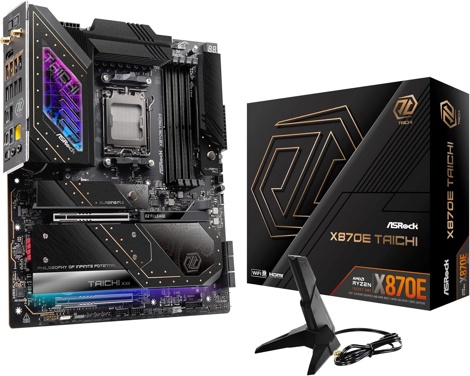ASRock AMD X870E Taichi Ryzen Socket AM5 X870 Dual Channel DDR5 DIMMs 256 GB 8200 EATX Motherboard M.2 LED WiFi 7