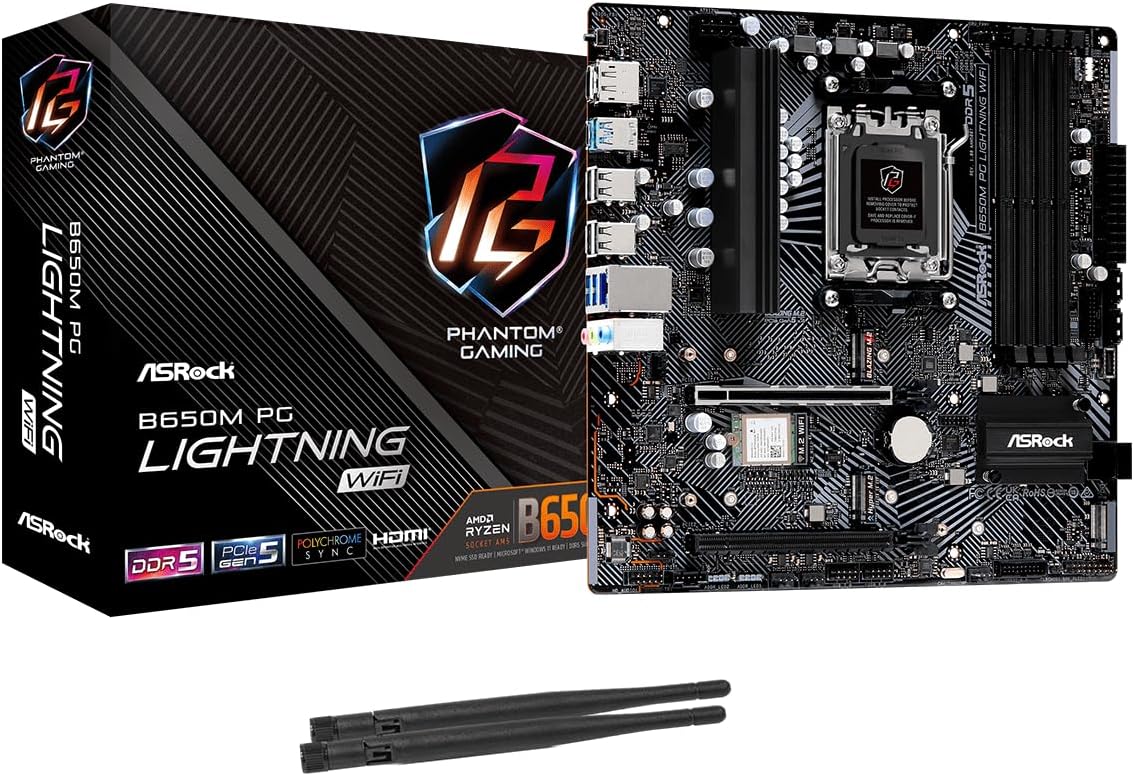 ASRock B650M PG Lightning WiFi 6E AMD Ryzen 9000/8000/7000 Series Socket AM5 B650 DDR5 up to 7200+ (OC) MHz 256 GB SATA3 6.0 Gb/s Micro ATX Motherboard M.2 RGB LED BIOS Flashback