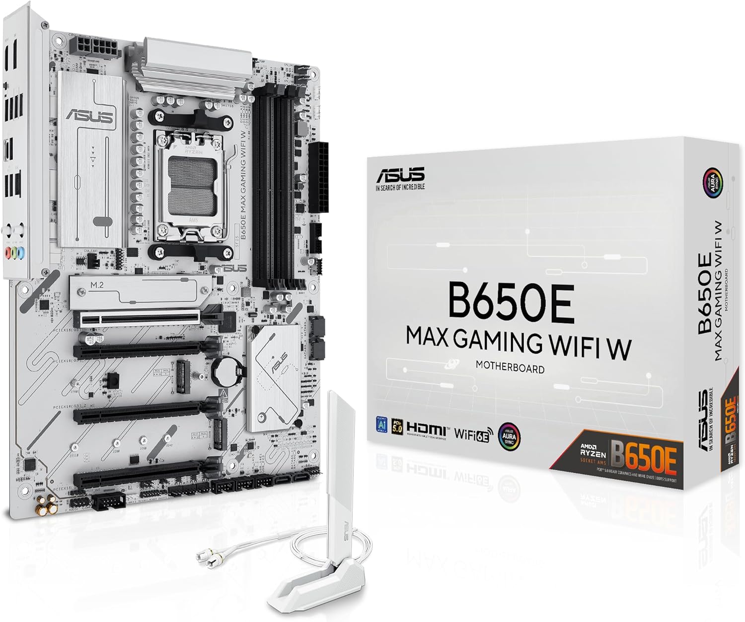 ASUS B650E MAX Gaming WiFi W – AMD B650 AM5 ATX Motherboard, White PCB, DDR5, PCIe 5.0, 3X M.2, Wi-Fi 6E, 2.5Gb LAN, USB 10Gbps Type-C, DisplayPort, HDMI™, BIOS Flashback™, Aura Sync, Advanced AI PC