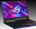 Angled render of an ASUS ROG Strix Scar gaming laptop on a black and gray gradient background.