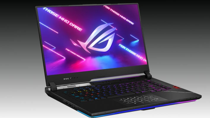 Angled render of an ASUS ROG Strix Scar gaming laptop on a black and gray gradient background.