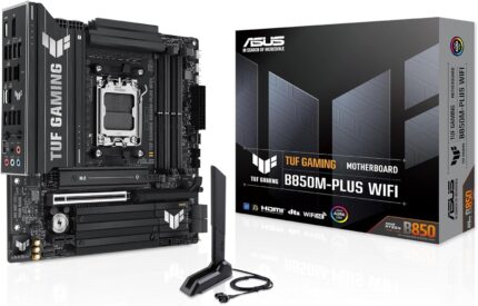 ASUS TUF Gaming B850M-PLUS WiFi AMD AM5 B850 mATX Motherboard, 14+2+1 80A DrMOS Stages, DDR5, PCIe 5.0, 3X M.2, Wi-Fi 6E, 2.5Gb LAN, DP, HDMI™, USB 10Gbps & 20Gbps Type-C®, BIOS Flashback™, Aura Sync