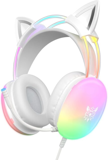 Cat Ear Gaming Headset with Mic, RGB Rainbow Lighting, Surround Sound, 3.5mm Wired Over-Ear Headphones for PC/PS4/PS5/Switch/Laptop, Lightweight & Adjustable Headband