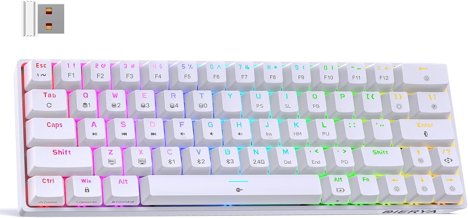 DIERYA DK63 60% Wireless Mechanical Gaming Keyboard | Bluetooth/2.4G/Wired | RGB Backlit | Anti-Ghosting Compact 63-Keys Mini Keyboard | with Red Switch | for Windows Laptop PC Gamer Typist-White