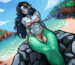 A mermaid lounges on a rock by the sea.