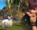 A baby Seikret from Monster Hunter Wilds as a minion in the Final Fantasy 14 crossover collab. It's a white baby bird with a goofy expression. There is a female miqo'te superimposed on the right side grinning with her hands over her face.