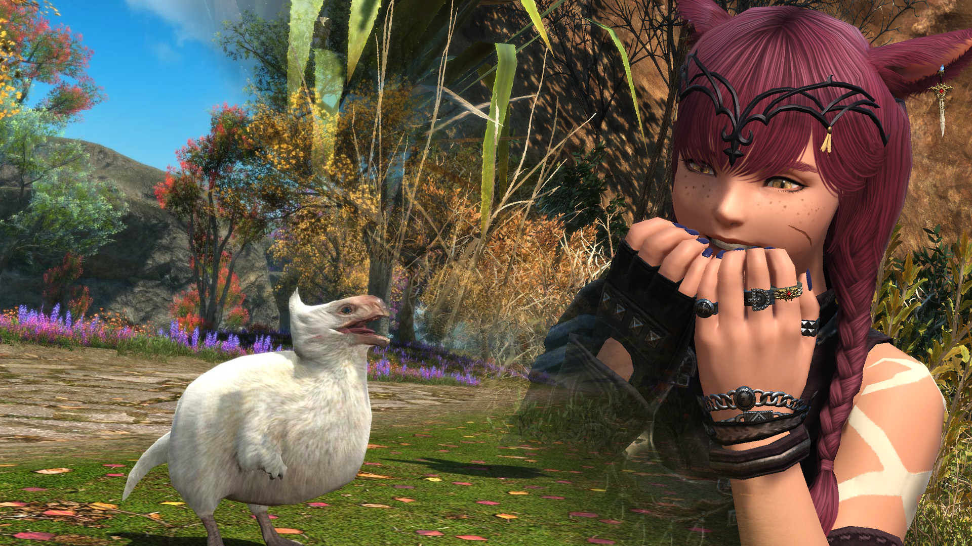 A baby Seikret from Monster Hunter Wilds as a minion in the Final Fantasy 14 crossover collab. It's a white baby bird with a goofy expression. There is a female miqo'te superimposed on the right side grinning with her hands over her face.