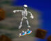 A skeleton doing a trick on a skateboard