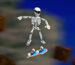A skeleton doing a trick on a skateboard