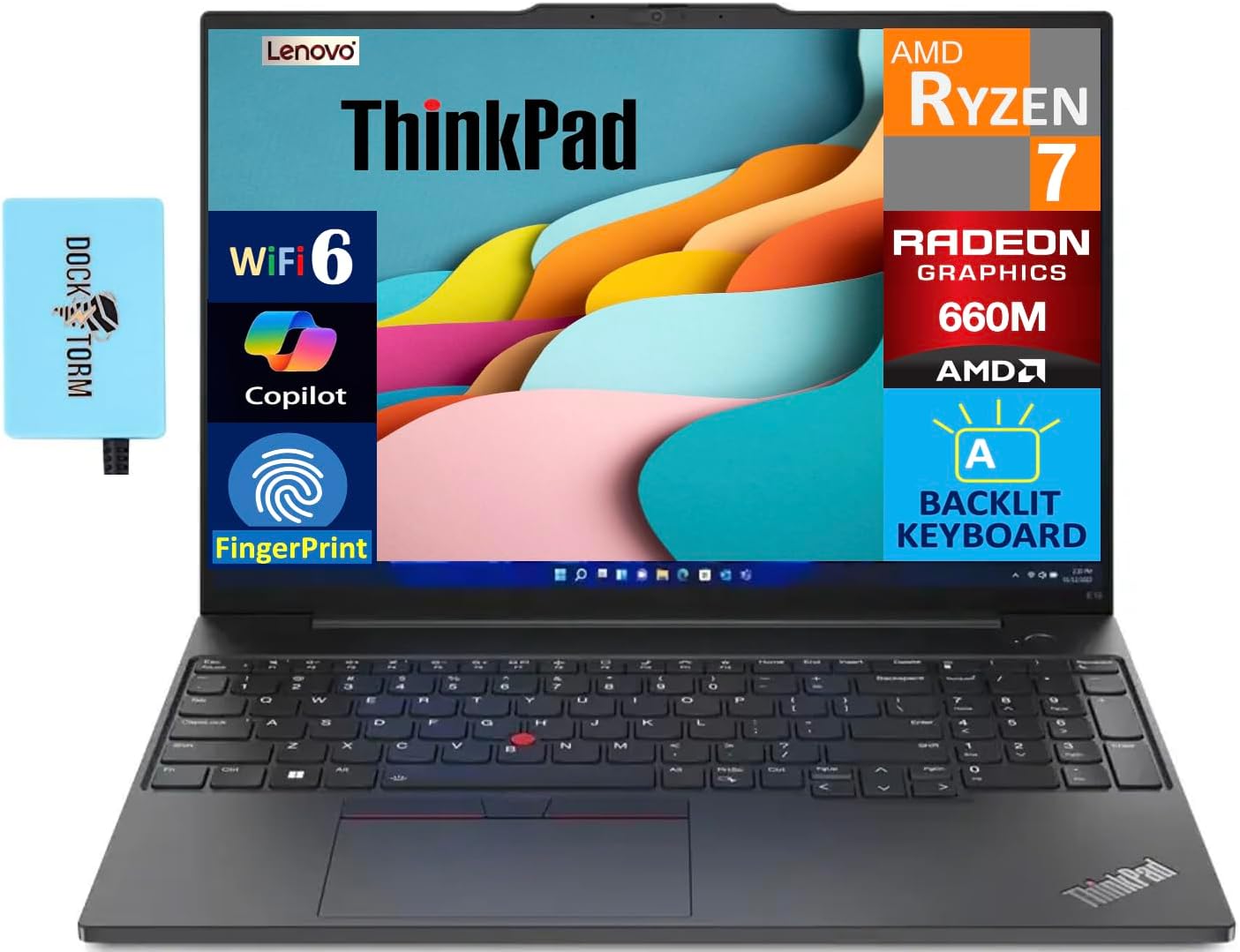 Lenovo ThinkPad E16 Business Laptop 16.0" WUXGA Display (AMD Ryzen 7 7735U, 16GB DDR5, 512GB M.2 PCIe SSD, AMD Radeon 660M, Backlit KB, Fingerprint, Thunderbolt 4, Win 11 Pro) w/Dockztorm Hub
