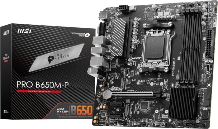 MSI PRO B650M-P V1 Motherboard, Micro-ATX - Supports AMD Ryzen 9000/8000 / 7000 Series Processors, AM5 - DDR5 Memory Boost 6000+MHz/OC, 1 x PCIe 4.0 x16, 2 x M.2 Gen4, 2.5G LAN