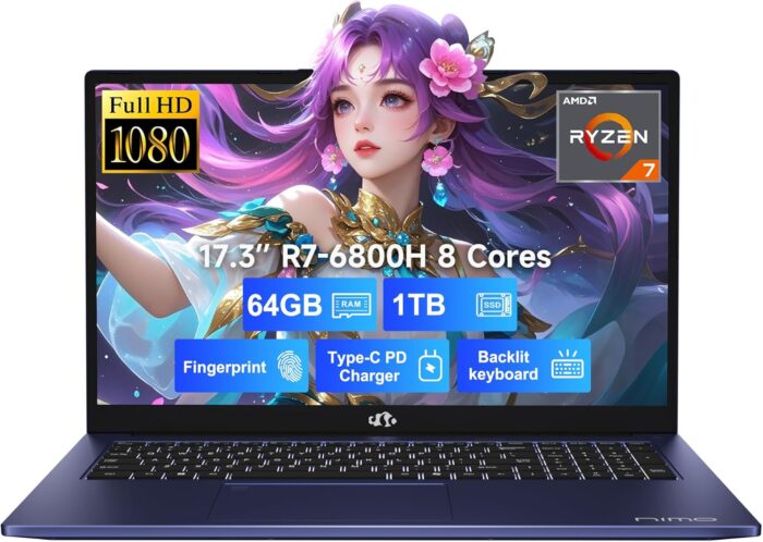 NIMO 17.3" IPS FHD-Gaming-Laptop, 8 Cores AMD Ryzen 7 6800H 64GB DDR5 RAM 1TB SSD (Beat i7-12700H, Up to 4.7GHz) AMD Radeon 680M GPU-Computer with 100W Type-C Backlit Keyboard, Fingerprint