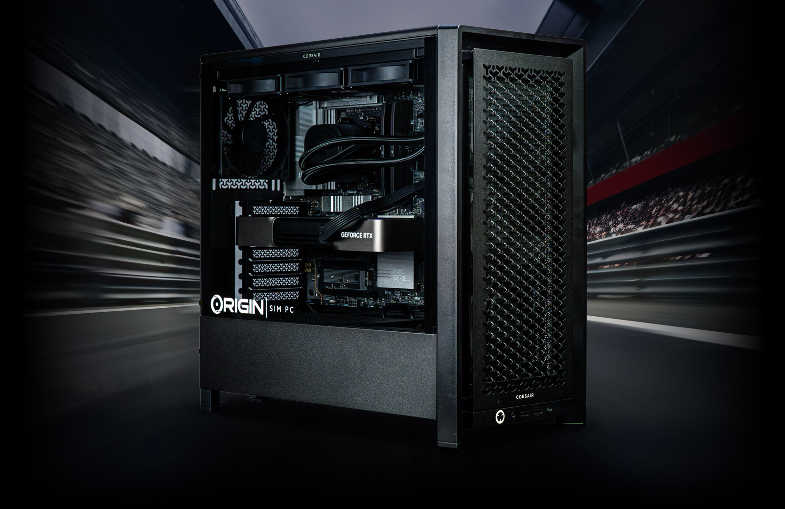 ORIGIN PC Racing Sim PC with NVIDIA GeForce RTX graphics card on race track background