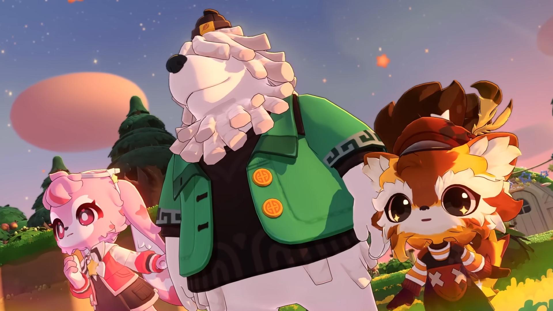 Three NPC neighbors from Petit Planet. There's a pink bunny on the left, shaggy-looking dog in the middle, and little orange fox on the right.