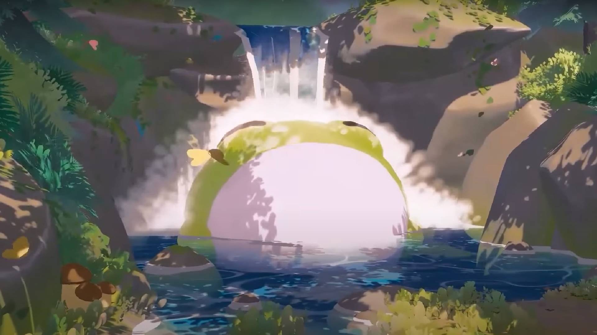 Bean the frog in a pond in Puffpals Island Skies
