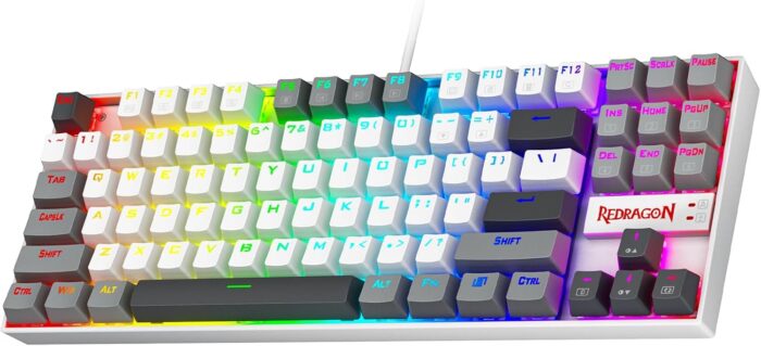 Redragon K552P Mechanical Gaming Keyboard TKL with 18 Backlight Modes, Hot-Swappable Red Switches, 87-Key Compact Ergonomic Design, N-Key Rollover & Software Programmable Macro - RGB, White Grey