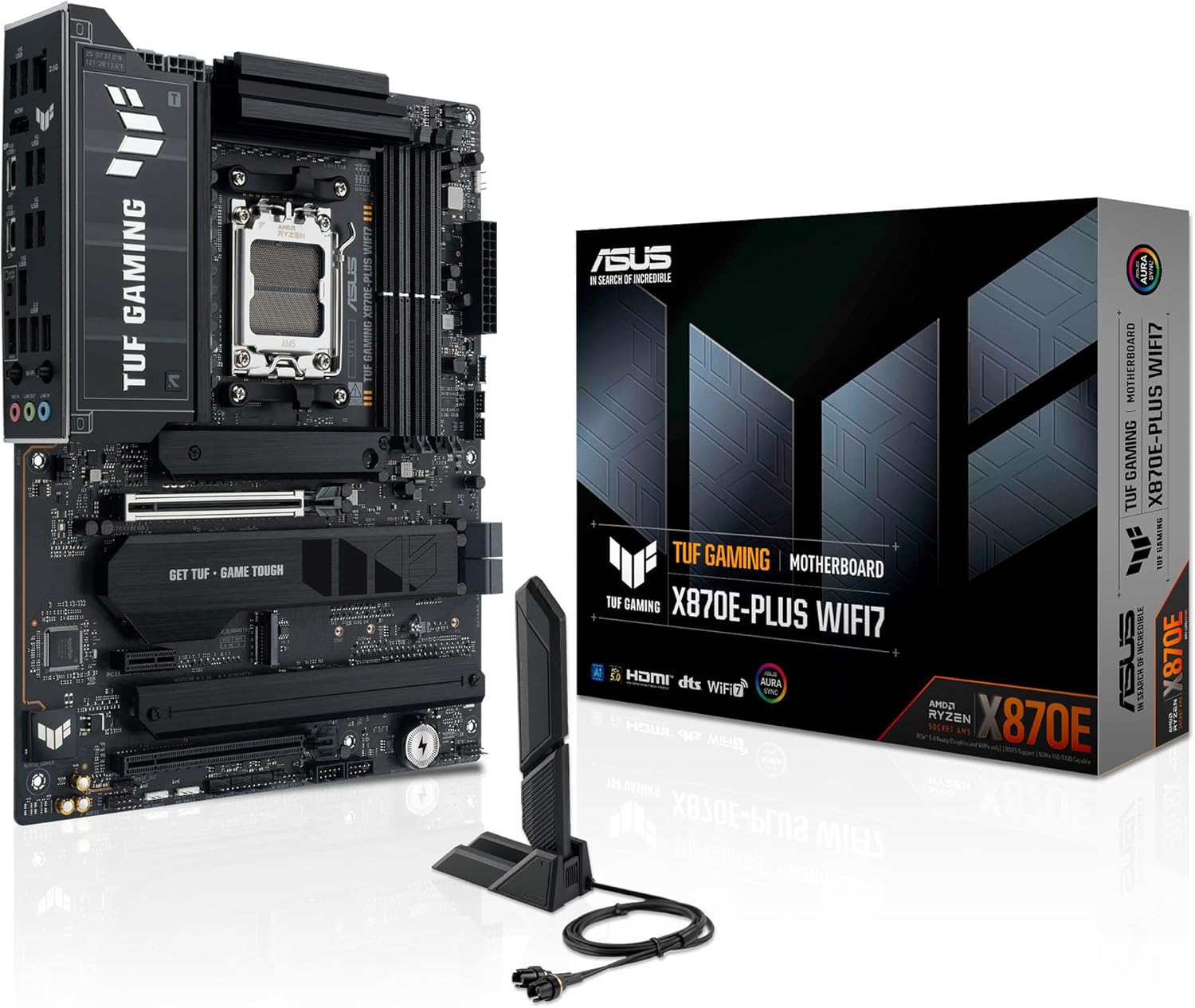 TUF Gaming X870E-PLUS WIFI7 AMD X870E ATX Motherboard with 16+2+1 80A Power Stages, DDR5 Support with AEMP, PCIe 5.0 x16 with PCIe Slot Q-Release Slim, Four M.2 Slots, WiFi 7 with ASUS WiFi Q-Antenna