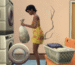 The Sims 4 - A sim in a laundromat small business puts her clothes in a washer