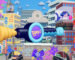 A Bop It! toy floating above a city