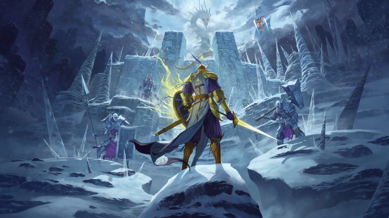 A soldier in an icy landscape facing off against two well-armed skeleton enemies while a dragon watches in the background