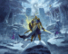 A soldier in an icy landscape facing off against two well-armed skeleton enemies while a dragon watches in the background