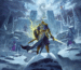 A soldier in an icy landscape facing off against two well-armed skeleton enemies while a dragon watches in the background